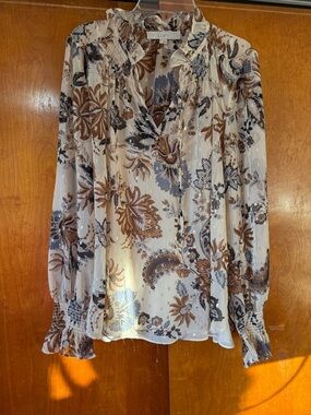 LOFT Cream Blouse with Brown and Blue Floral Print large l